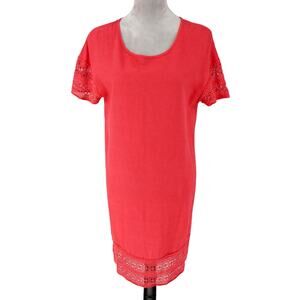 Sigrid Olsen Dress Womens XS Red Linen Blend Lace Hem Shift Pullover Beach